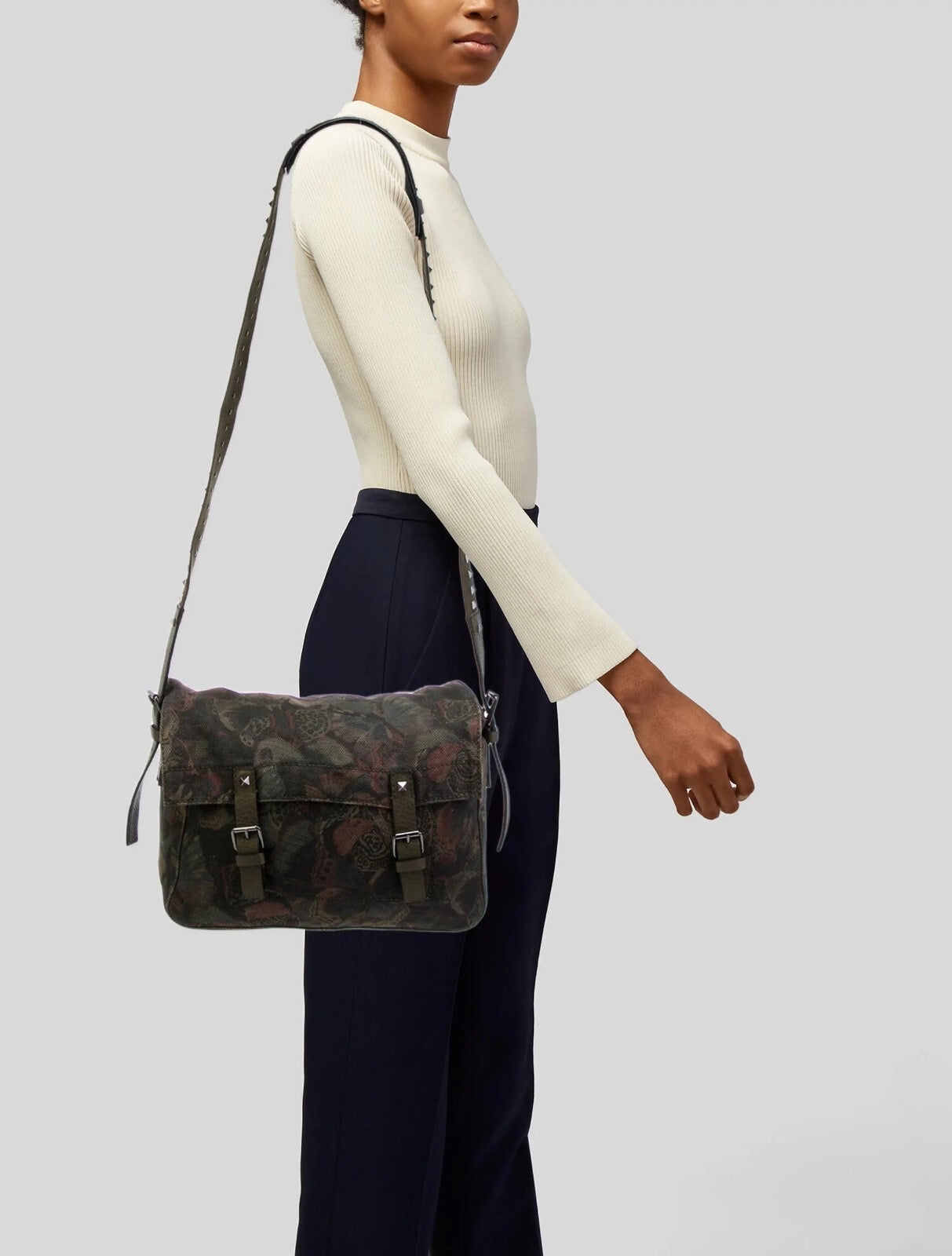 Valentino Garavani Rockstud Camubutterfly Canvas Messenger Bag Olive NWT!