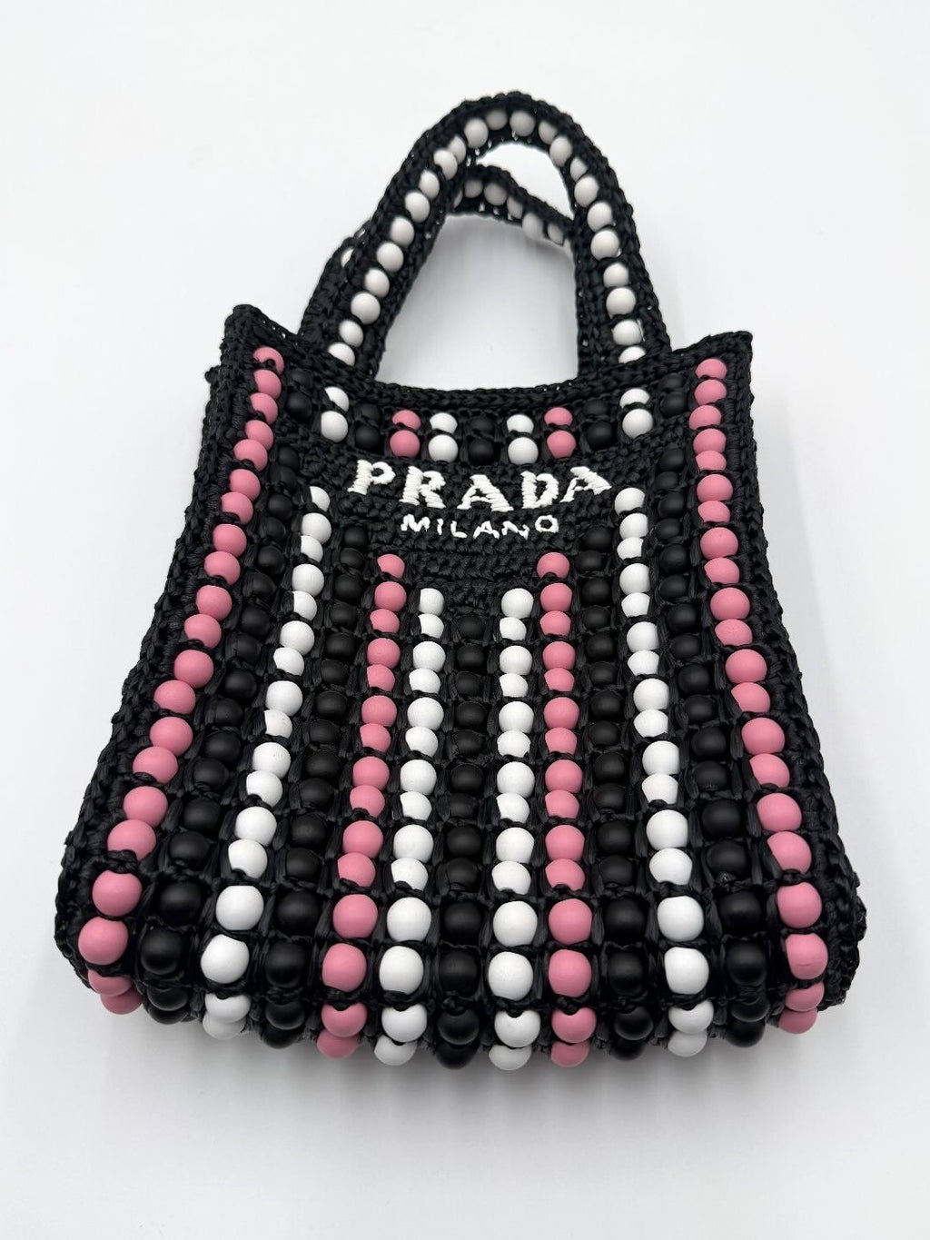 Prada Raffia Wood Bead Crochet Mini Logo Tote Bag Black Pink White