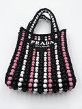 Prada Raffia Wood Bead Crochet Mini Logo Tote Bag Black Pink White