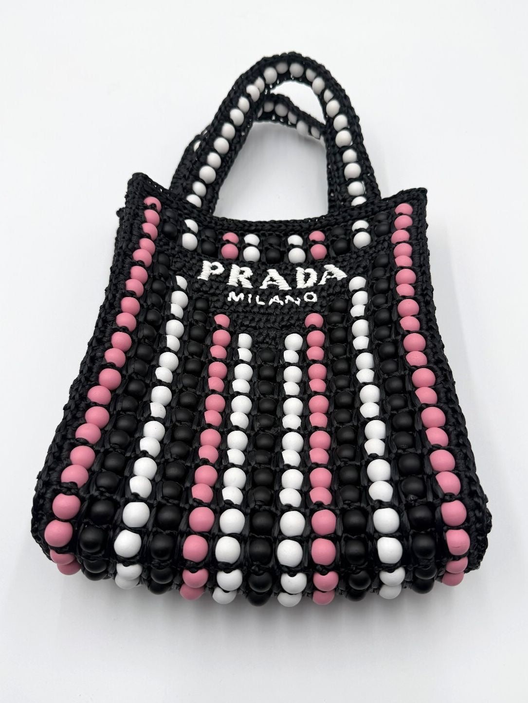 Prada Raffia Wood Bead Crochet Mini Logo Tote Bag Black Pink White