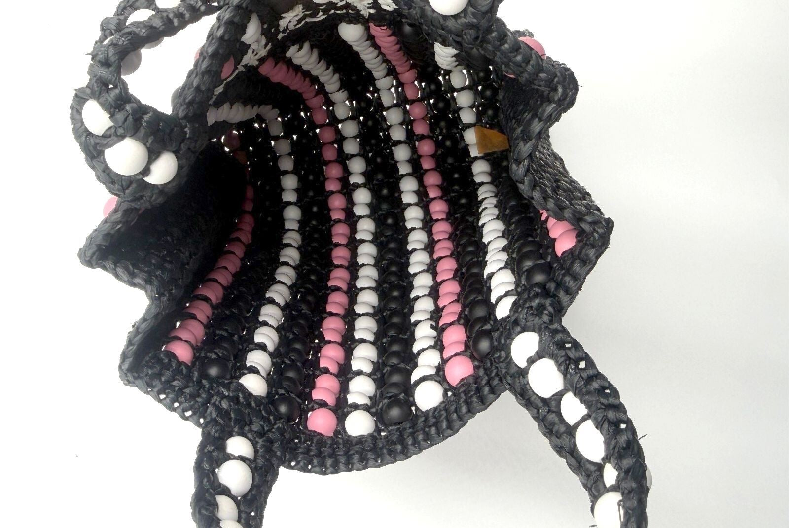 Prada Raffia Wood Bead Crochet Mini Logo Tote Bag Black Pink White