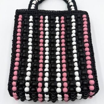 Prada Raffia Wood Bead Crochet Mini Logo Tote Bag Black Pink White