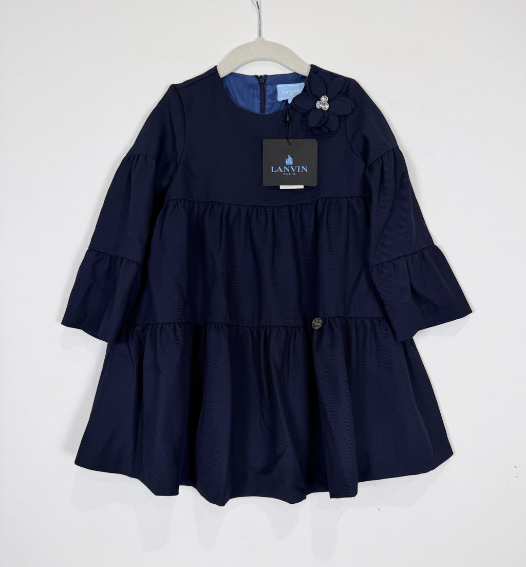 Lanvin Enfant Navy Blue Tiered Ruffle Babydoll Dress Flower Rhinestone NWT Size 3 3T