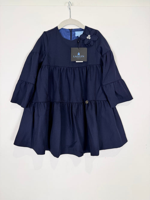 Lanvin Enfant Navy Blue Tiered Ruffle Babydoll Dress Flower Rhinestone NWT Size 3 3T