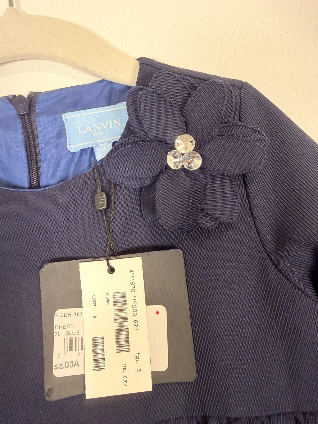 Lanvin Enfant Navy Blue Tiered Ruffle Babydoll Dress Flower Rhinestone NWT Size 3 3T