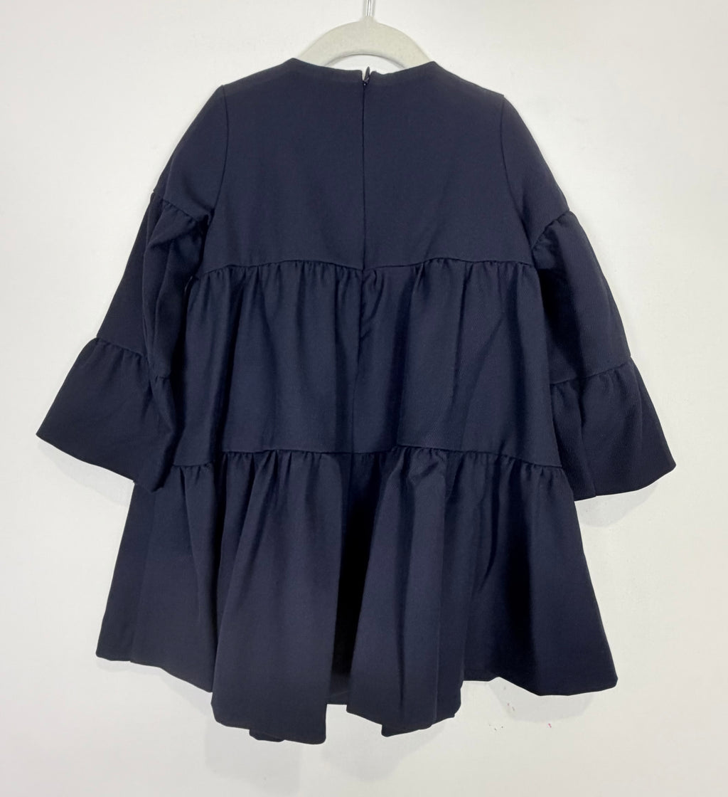 Lanvin Enfant Navy Blue Tiered Ruffle Babydoll Dress Flower Rhinestone NWT Size 3 3T
